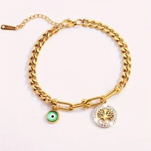Stainless steel Gold Tree of Life and Evil Eye Charm Bracelet